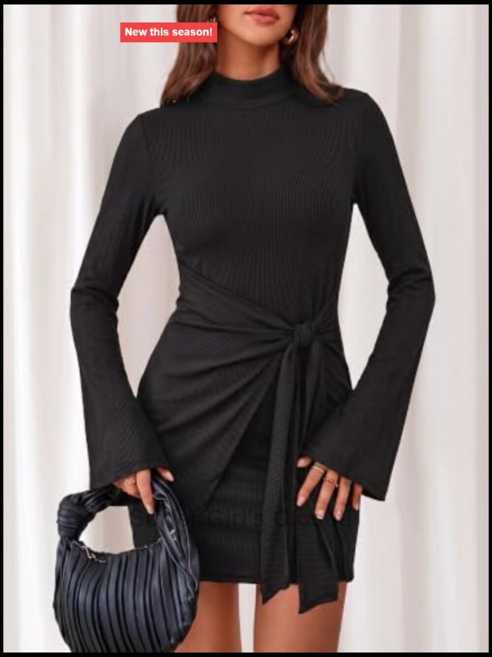Bodycon Ribbed Knit Bell Sleeve Tie Waist Mini Dress Party - Picture 4 of 6